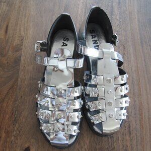 Sandro Silver Studded Leather Sandals – Metallic Gladiator Style (EU 39)